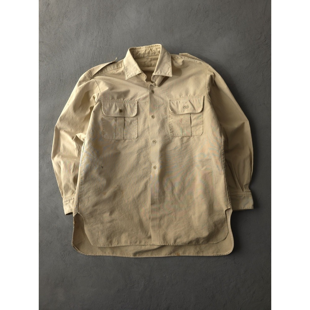 Vintage 1950s Khaki Beige Cotton Twill Button-Up Shirt Military L Workwear